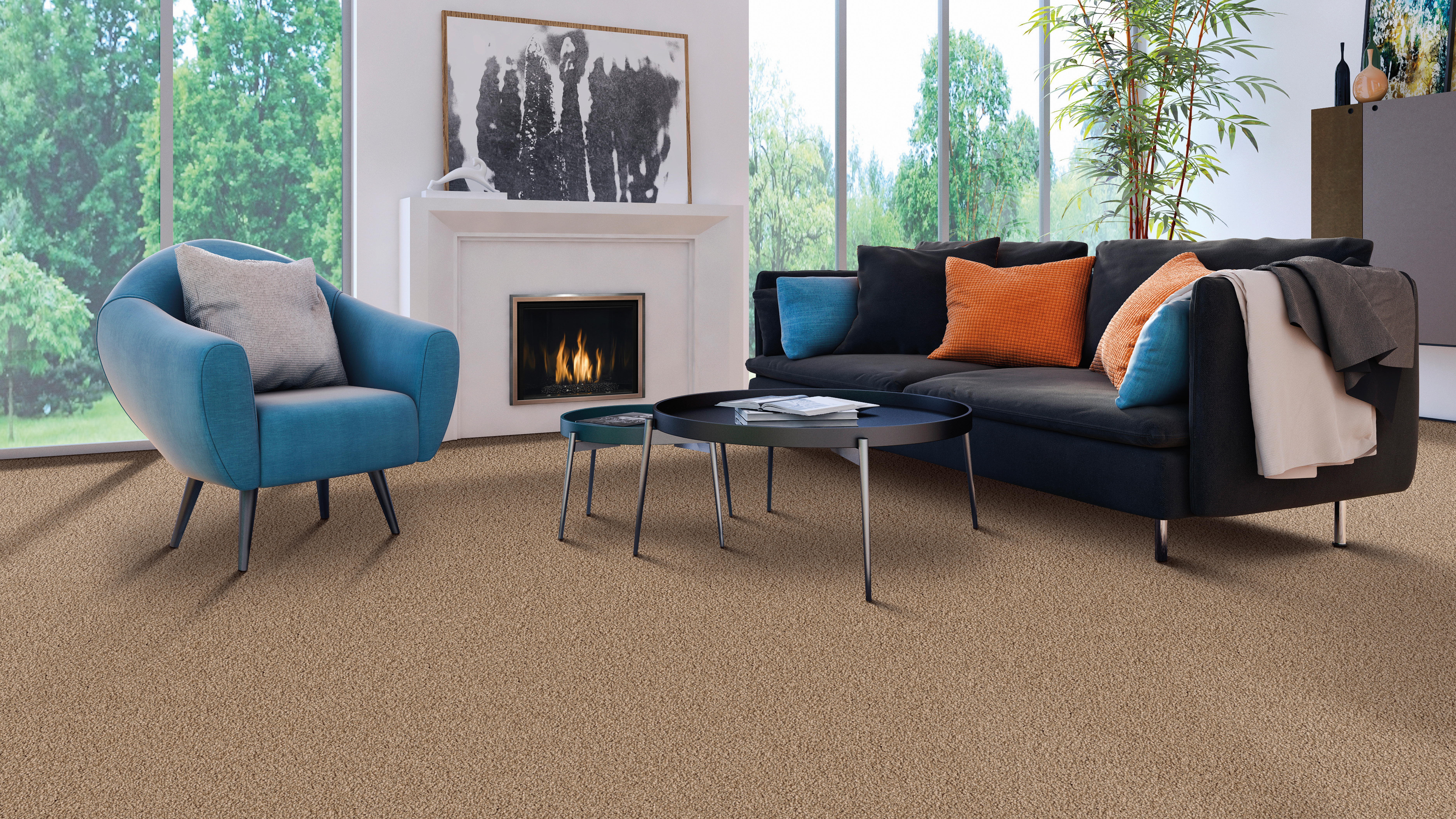 Carpet flooring in a living room, installation services available.