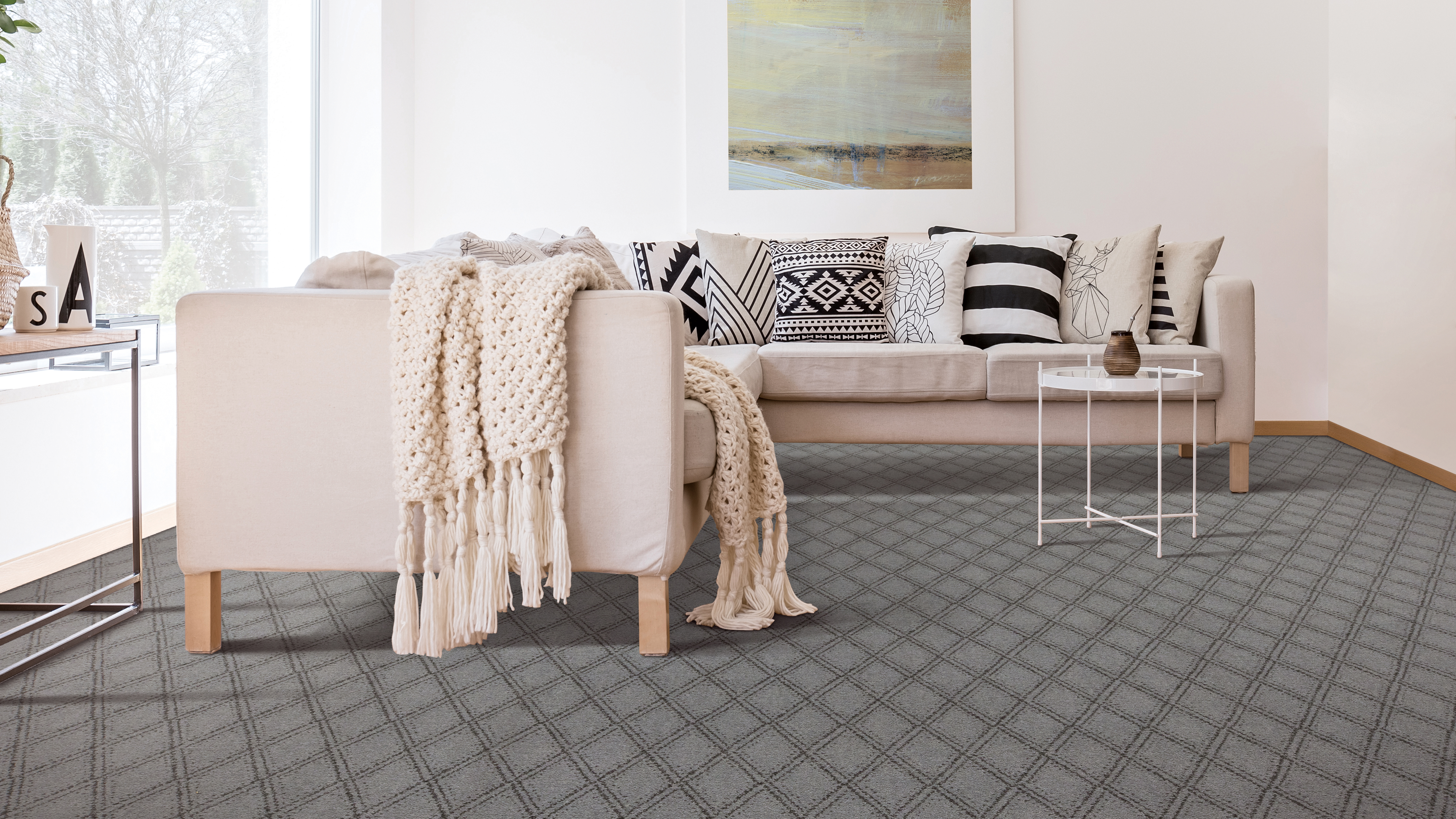 Carpet flooring in a living room, installation services available.